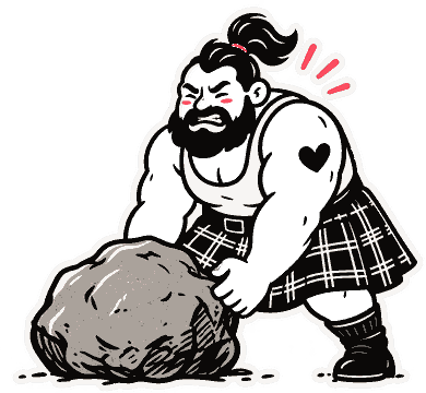 Mascotte The Roar Style en kilt soulevant une pierre, StrongHuman